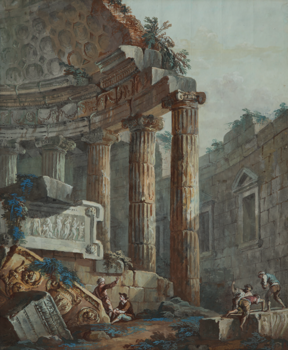 Clerisseau Charles Louis Personnages Dans Un Temple En Ruine Et Sarcophage Dessins Anciens